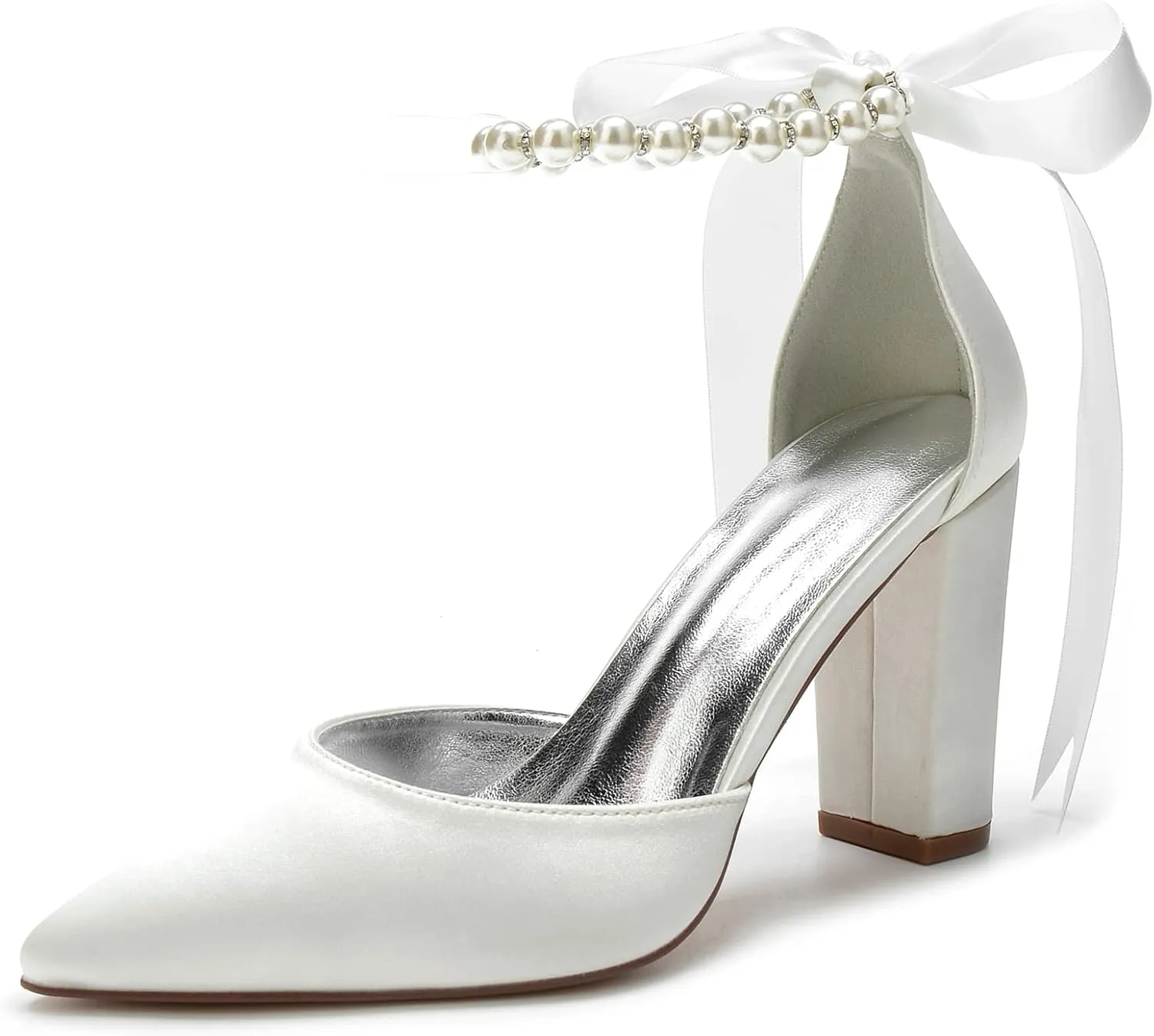 Women's Closed Pointed Toe High Chunky Heels Pumps with Pearls Block Heel Bridal Business Dressy Shoes