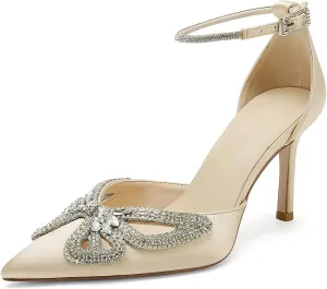 Women's Closed Pointed Toe Pumps Rhinestone Bow Sparkly Wedding Shoes High Stiletto Heels Satin Ankle Strap Heeled Prom Dress Sandals