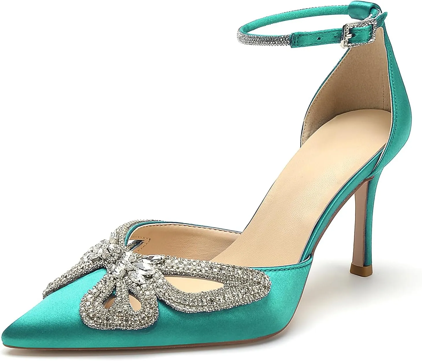 Women's Closed Pointed Toe Pumps Rhinestone Bow Sparkly Wedding Shoes High Stiletto Heels Satin Ankle Strap Heeled Prom Dress Sandals