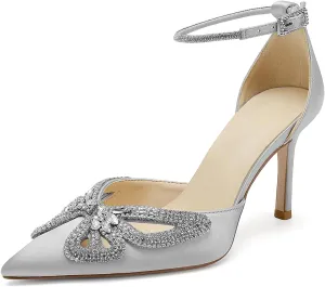 Women's Closed Pointed Toe Pumps Rhinestone Bow Sparkly Wedding Shoes High Stiletto Heels Satin Ankle Strap Heeled Prom Dress Sandals