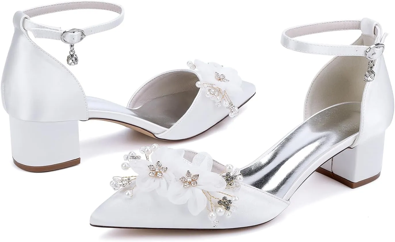 Women's Closed Toe Heels 2309-15S Pointed Toe Flower Wedding Shoes Low Block Chunky Women Pumps with Ankle Strap -1.77 Inch