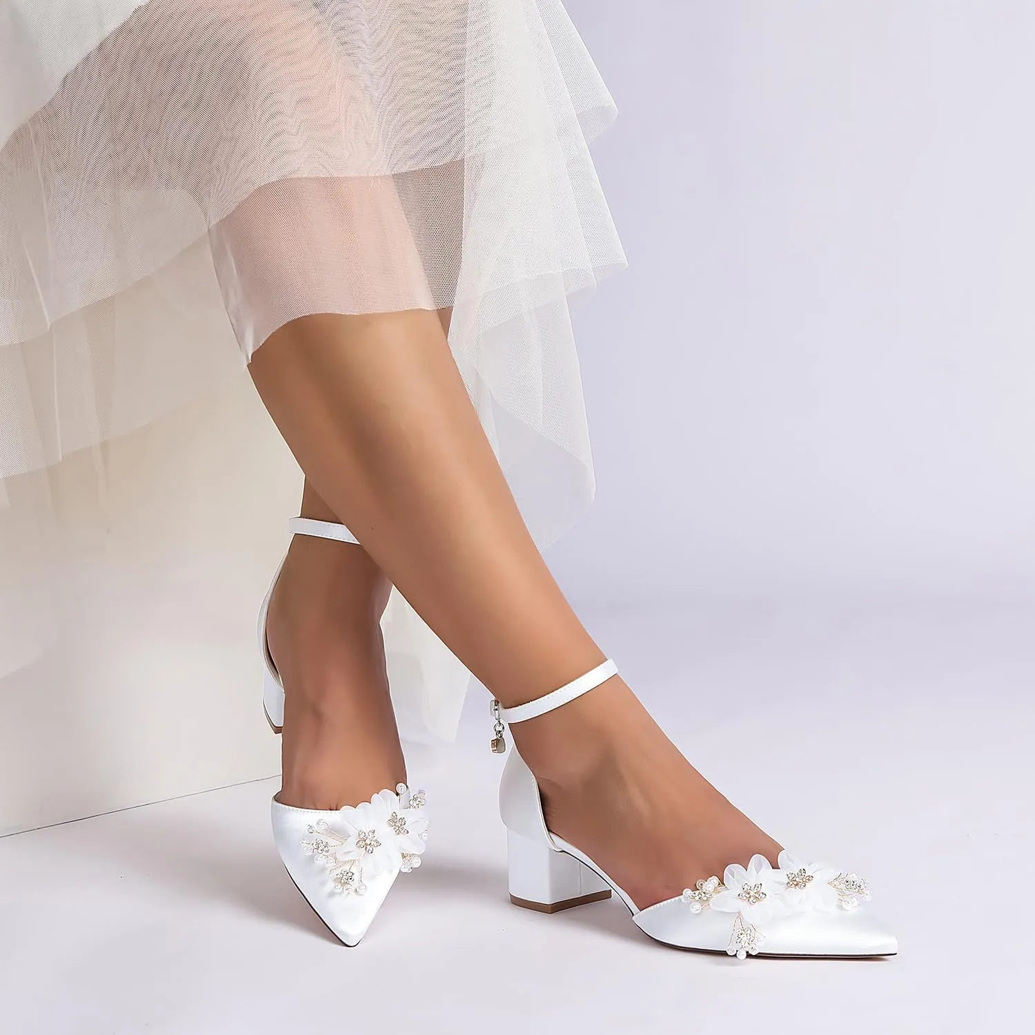 Women's Closed Toe Heels 2309-15S Pointed Toe Flower Wedding Shoes Low Block Chunky Women Pumps with Ankle Strap -1.77 Inch