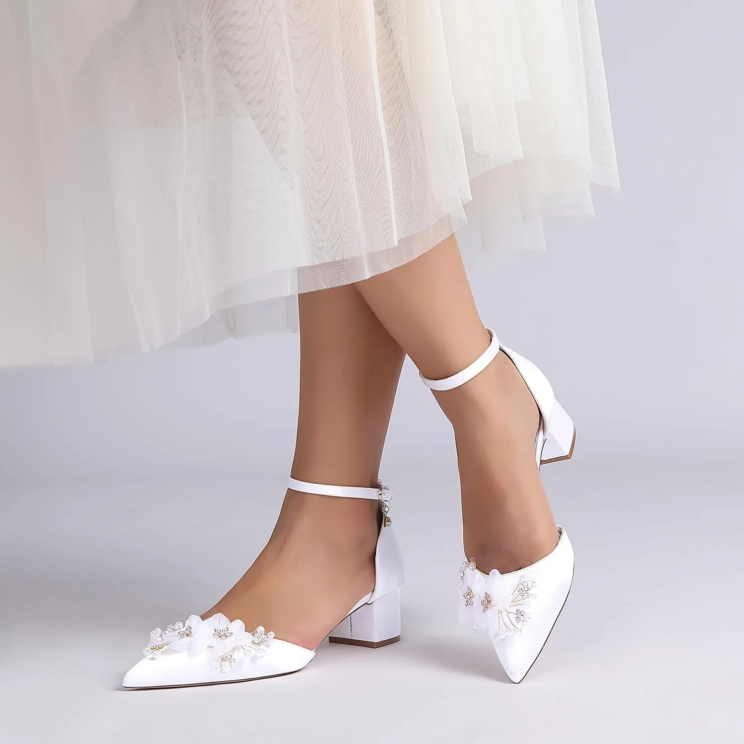 Women's Closed Toe Heels 2309-15S Pointed Toe Flower Wedding Shoes Low Block Chunky Women Pumps with Ankle Strap -1.77 Inch