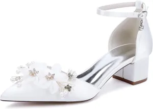 Women's Closed Toe Heels 2309-15S Pointed Toe Flower Wedding Shoes Low Block Chunky Women Pumps with Ankle Strap -1.77 Inch