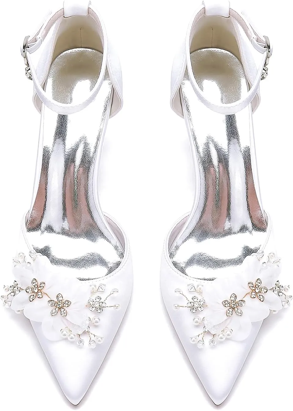 Women's Closed Toe Heels 2309-15S Pointed Toe Flower Wedding Shoes Low Block Chunky Women Pumps with Ankle Strap -1.77 Inch