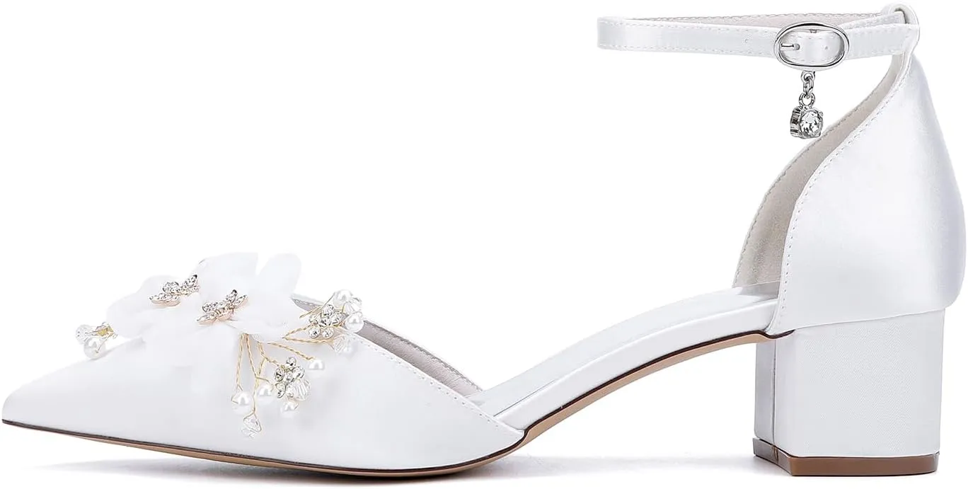 Women's Closed Toe Heels 2309-15S Pointed Toe Flower Wedding Shoes Low Block Chunky Women Pumps with Ankle Strap -1.77 Inch