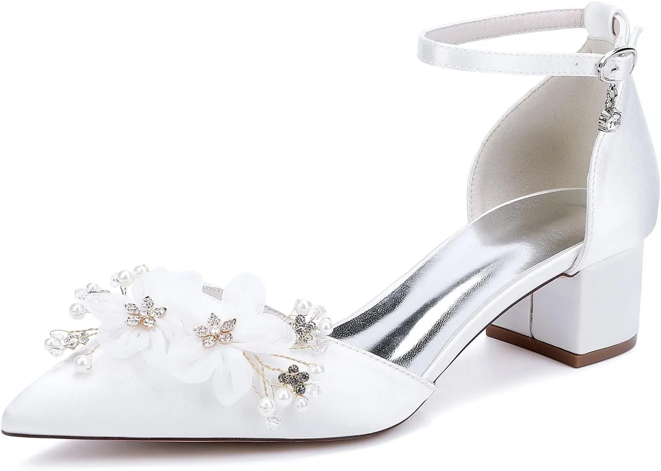 Women's Closed Toe Heels 2309-15S Pointed Toe Flower Wedding Shoes Low Block Chunky Women Pumps with Ankle Strap -1.77 Inch