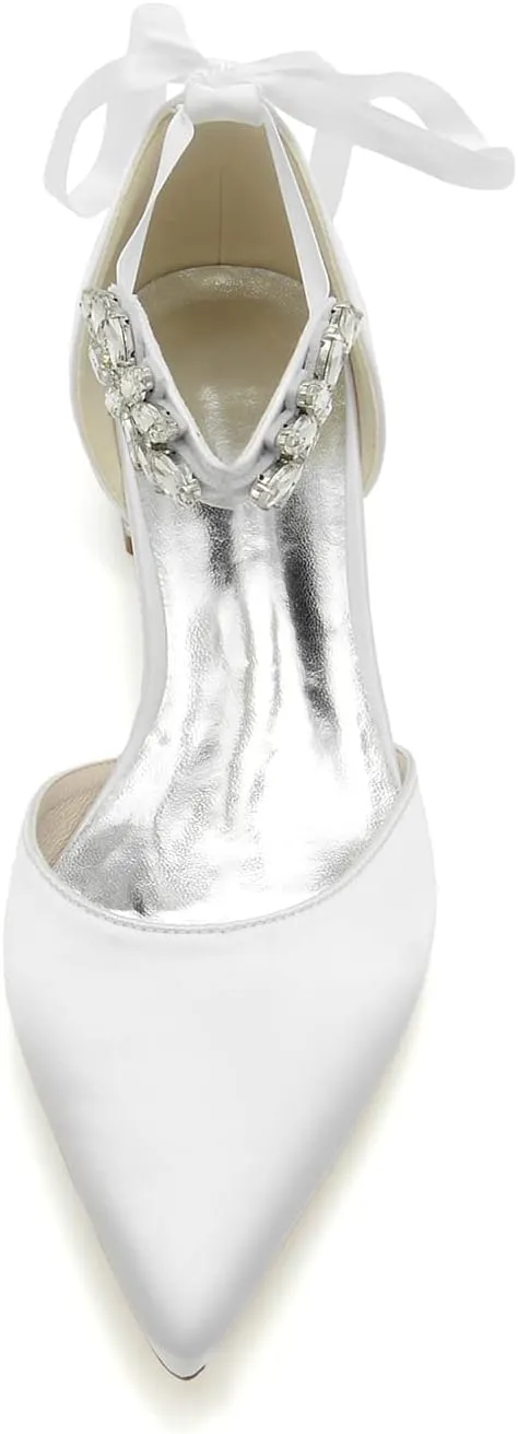 Women's Crystal Pointed Toe Flats Ankle Strap Satin Wedding Shoes Prom Evening Bridal Party Dress Flats