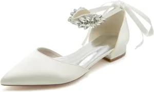 Women's Crystal Pointed Toe Flats Ankle Strap Satin Wedding Shoes Prom Evening Bridal Party Dress Flats