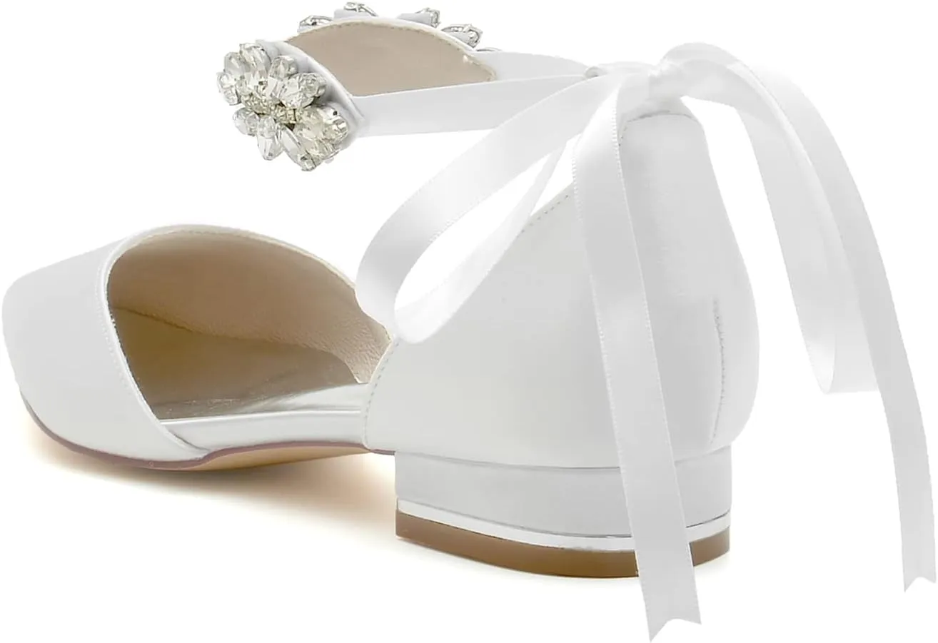 Women's Crystal Pointed Toe Flats Ankle Strap Satin Wedding Shoes Prom Evening Bridal Party Dress Flats
