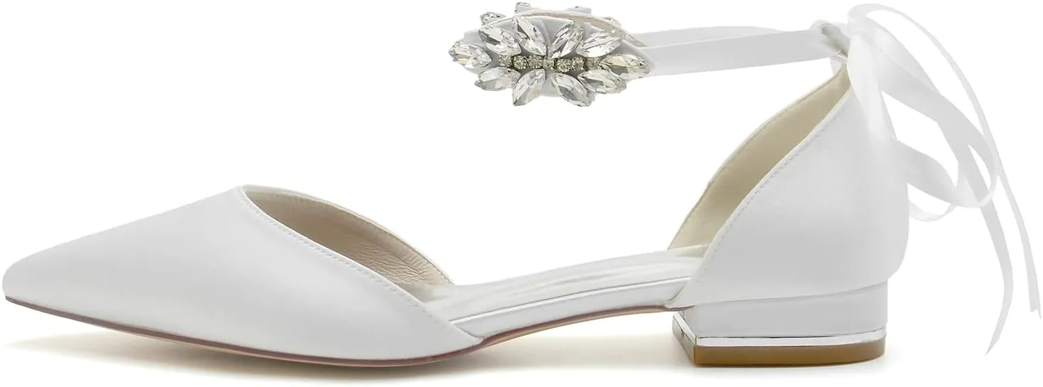 Women's Crystal Pointed Toe Flats Ankle Strap Satin Wedding Shoes Prom Evening Bridal Party Dress Flats