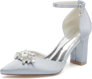 Women's Crystal Satin Wedding Shoes for Bride, Ankle Strappy Pumps 8.5cm Chunky Pointed Toe Sandals Heels For Parties, Banquets, Weddings