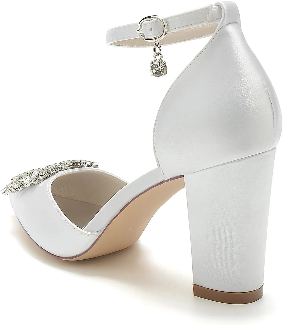Women's Crystal Satin Wedding Shoes for Bride, Ankle Strappy Pumps 8.5cm Chunky Pointed Toe Sandals Heels For Parties, Banquets, Weddings