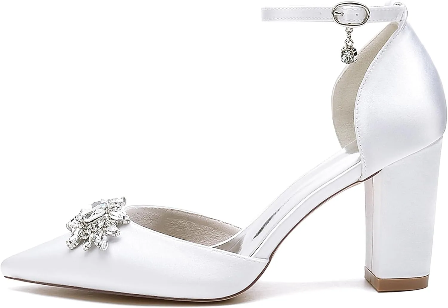 Women's Crystal Satin Wedding Shoes for Bride, Ankle Strappy Pumps 8.5cm Chunky Pointed Toe Sandals Heels For Parties, Banquets, Weddings
