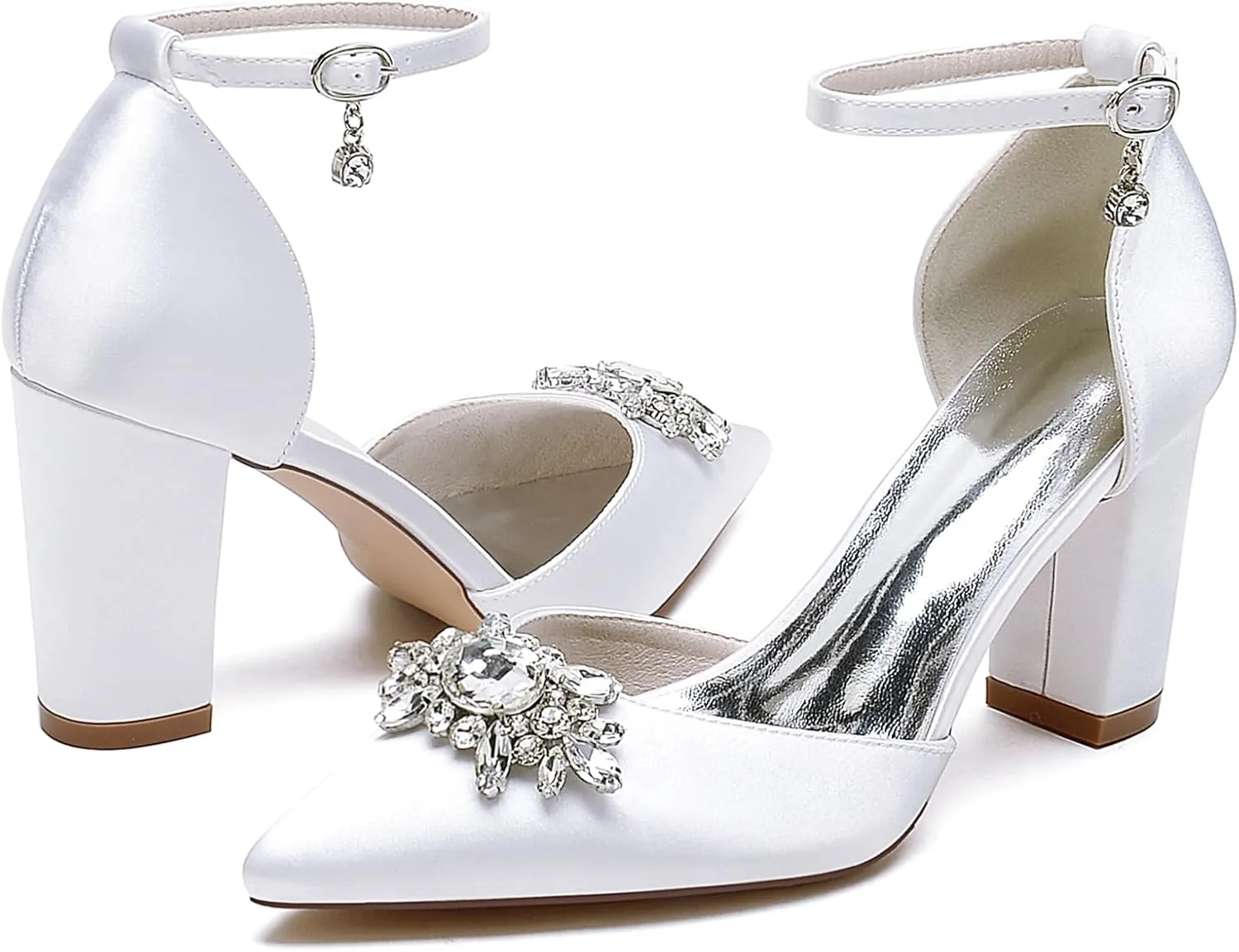 Women's Crystal Satin Wedding Shoes for Bride, Ankle Strappy Pumps 8.5cm Chunky Pointed Toe Sandals Heels For Parties, Banquets, Weddings