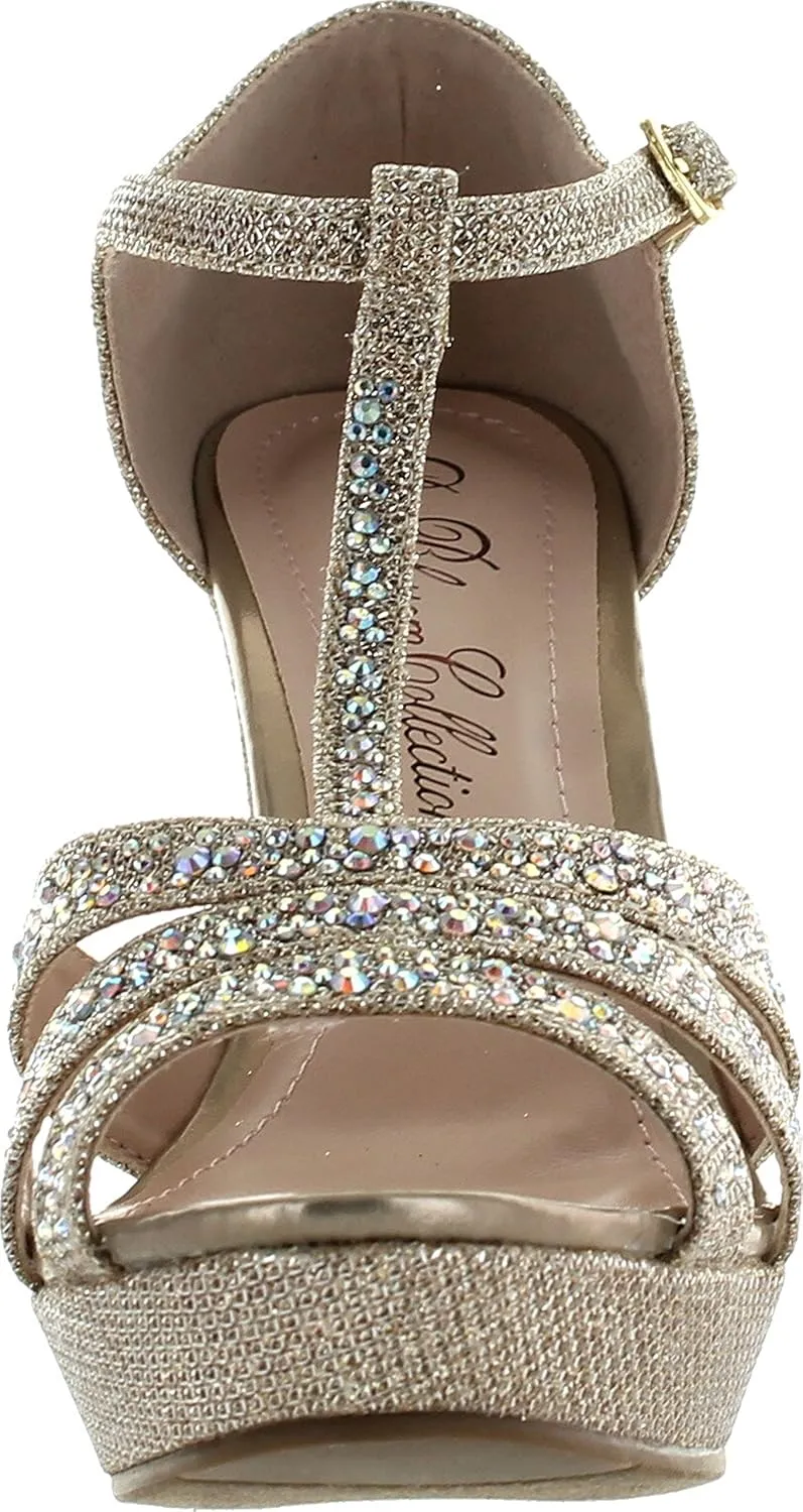 Womens Dressy Glitter Rhinestone T Strap Platform Wedge Sandal Aalle-2