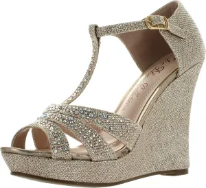 Womens Dressy Glitter Rhinestone T Strap Platform Wedge Sandal Aalle-2
