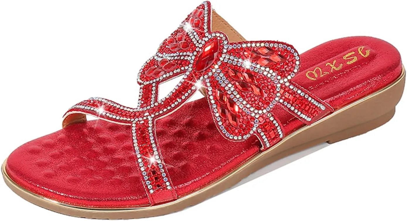 Women's Flat Sandals Summer Beach Sandal T-Strap Rhinestone Beaded Bohemia Shoes