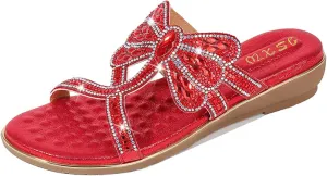 Women's Flat Sandals Summer Beach Sandal T-Strap Rhinestone Beaded Bohemia Shoes