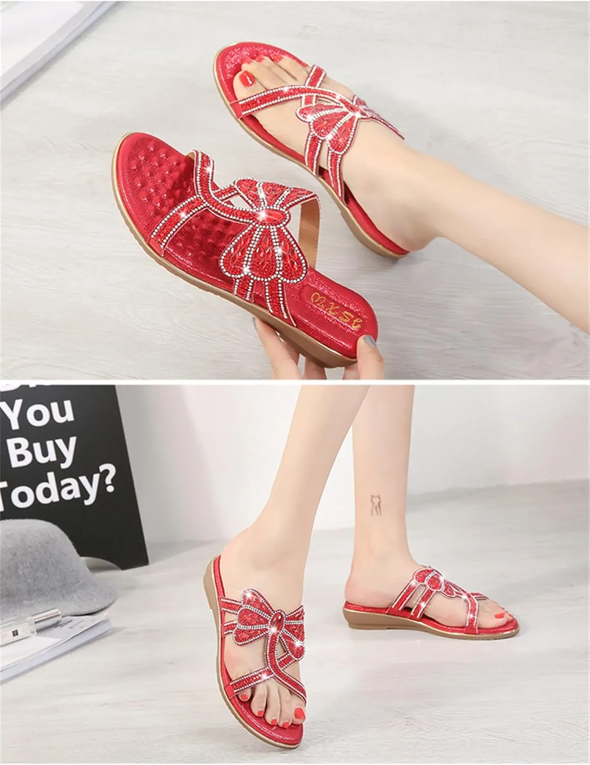 Women's Flat Sandals Summer Beach Sandal T-Strap Rhinestone Beaded Bohemia Shoes