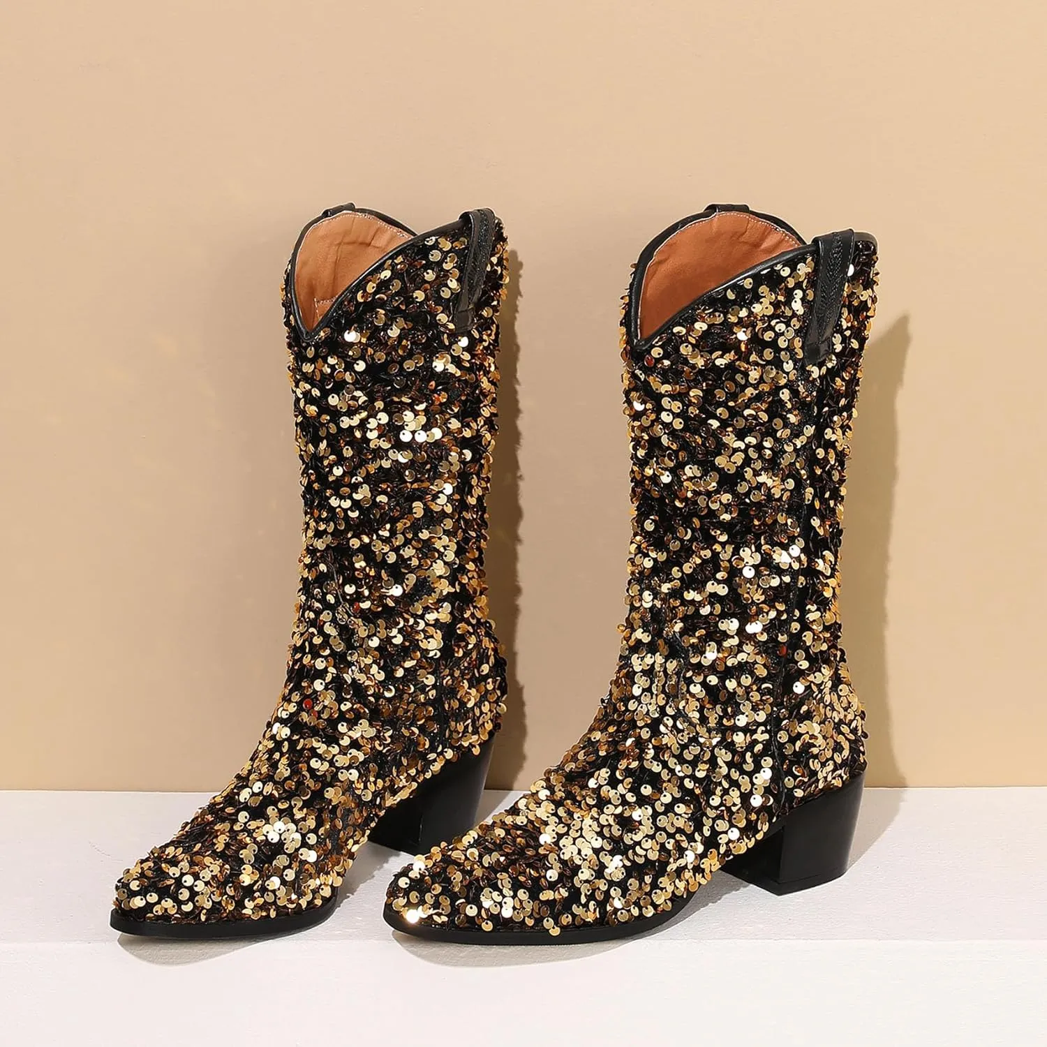 Women's Glitter Cowboy Boots Mid-Calf Chunky Heels Western Cowgirl Boots Sparkly Sequin Wedding Dress Shoes