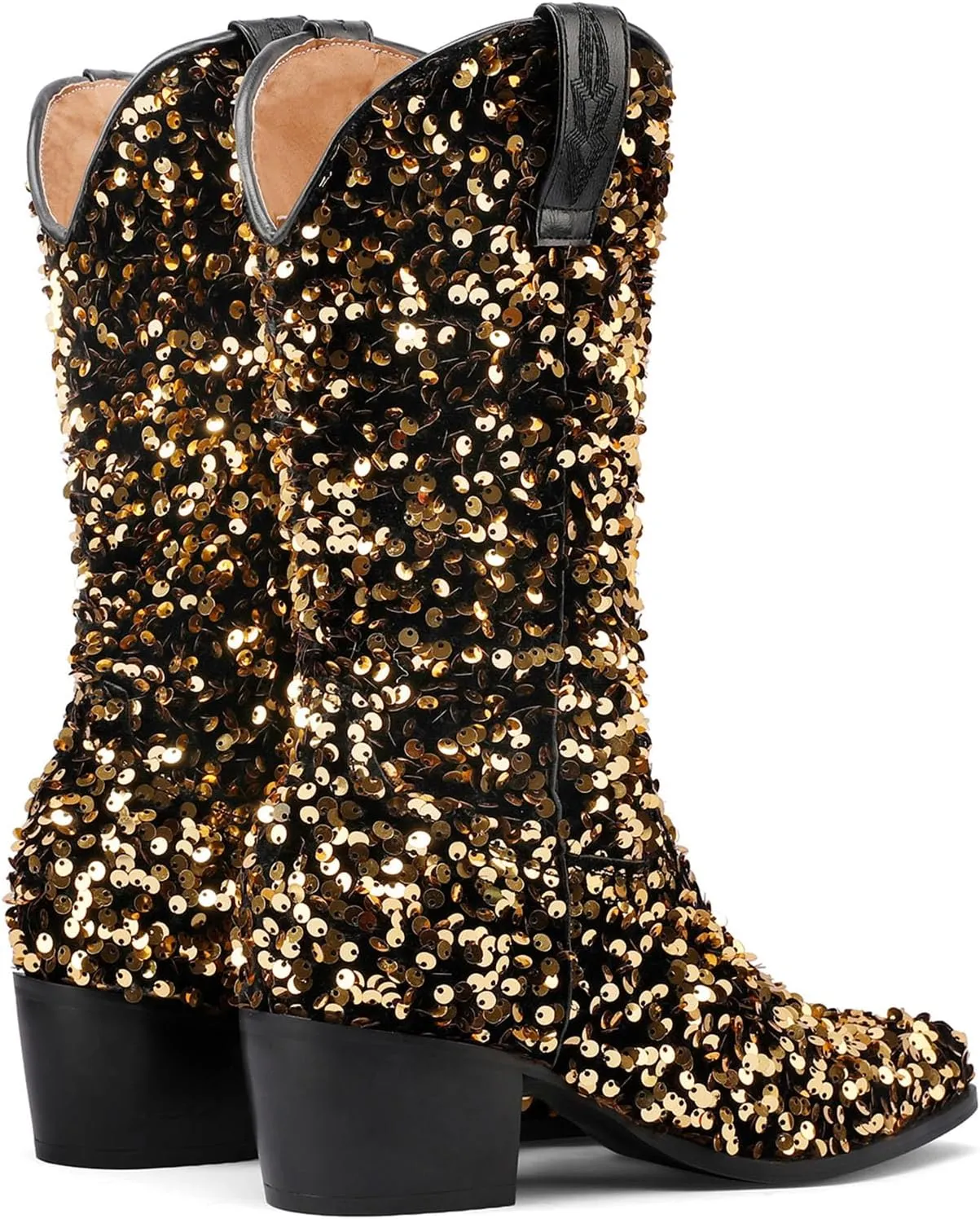 Women's Glitter Cowboy Boots Mid-Calf Chunky Heels Western Cowgirl Boots Sparkly Sequin Wedding Dress Shoes