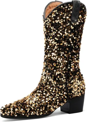 Women's Glitter Cowboy Boots Mid-Calf Chunky Heels Western Cowgirl Boots Sparkly Sequin Wedding Dress Shoes
