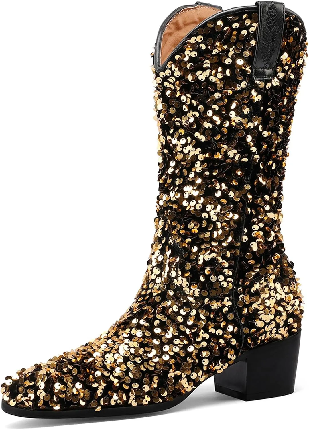 Women's Glitter Cowboy Boots Mid-Calf Chunky Heels Western Cowgirl Boots Sparkly Sequin Wedding Dress Shoes