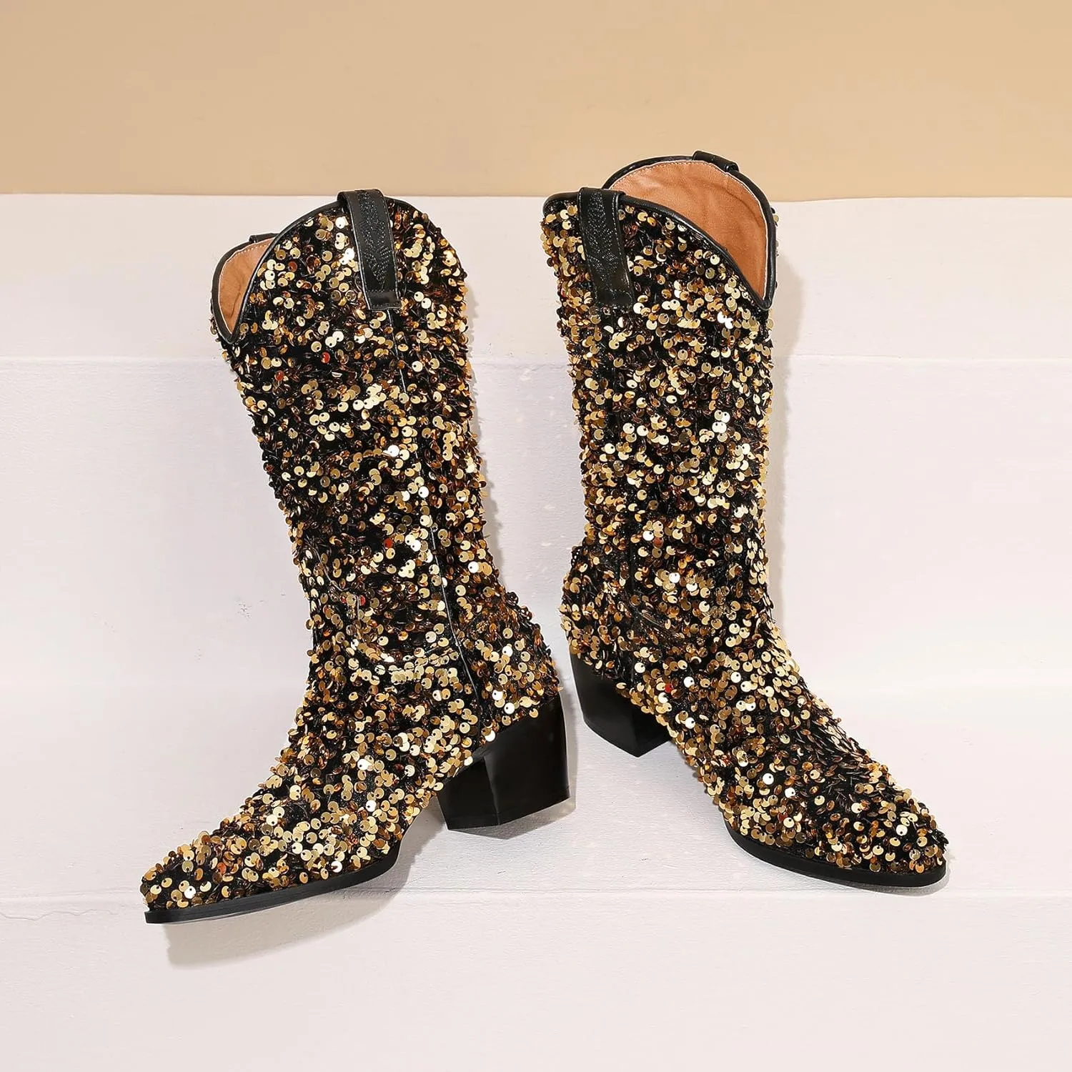 Women's Glitter Cowboy Boots Mid-Calf Chunky Heels Western Cowgirl Boots Sparkly Sequin Wedding Dress Shoes