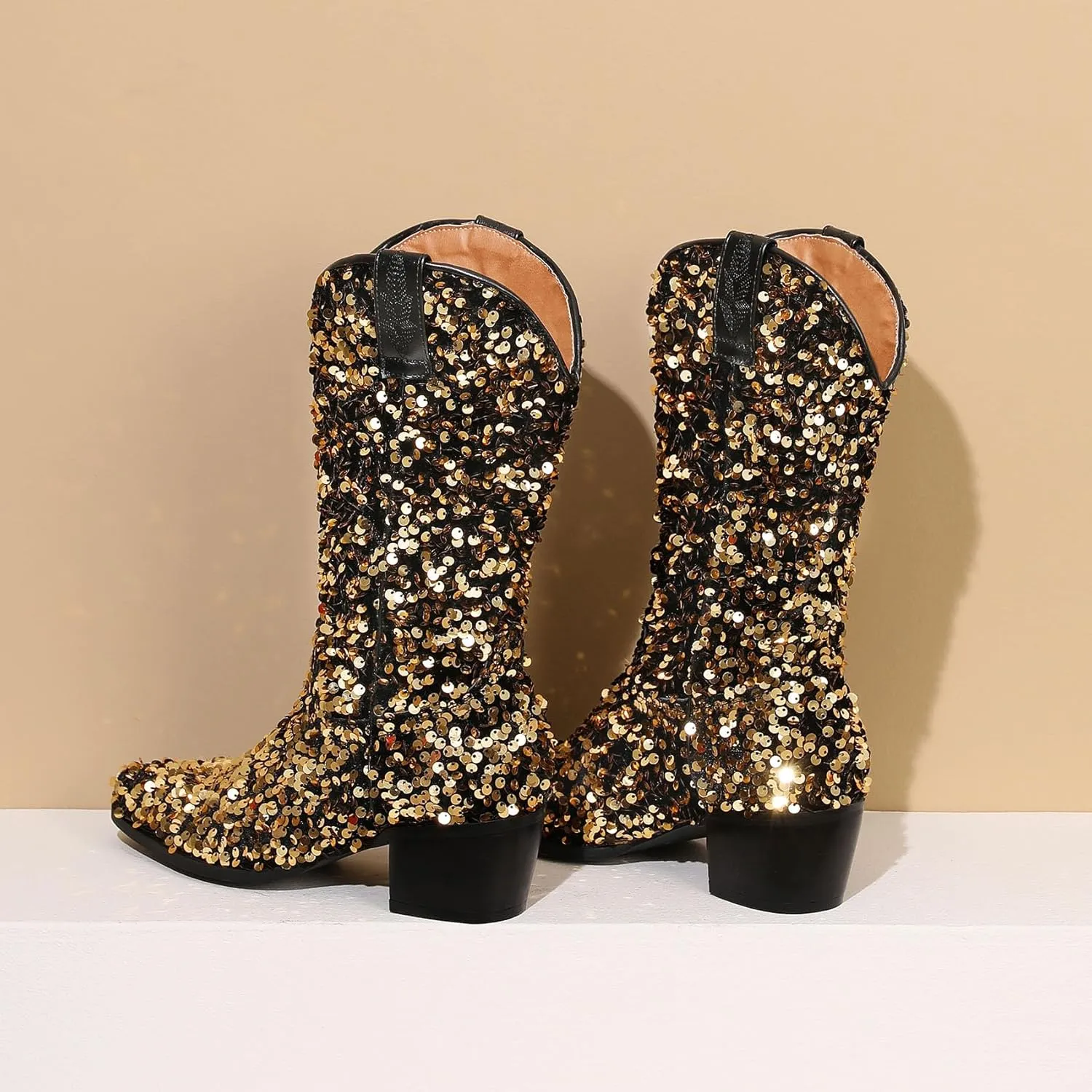 Women's Glitter Cowboy Boots Mid-Calf Chunky Heels Western Cowgirl Boots Sparkly Sequin Wedding Dress Shoes