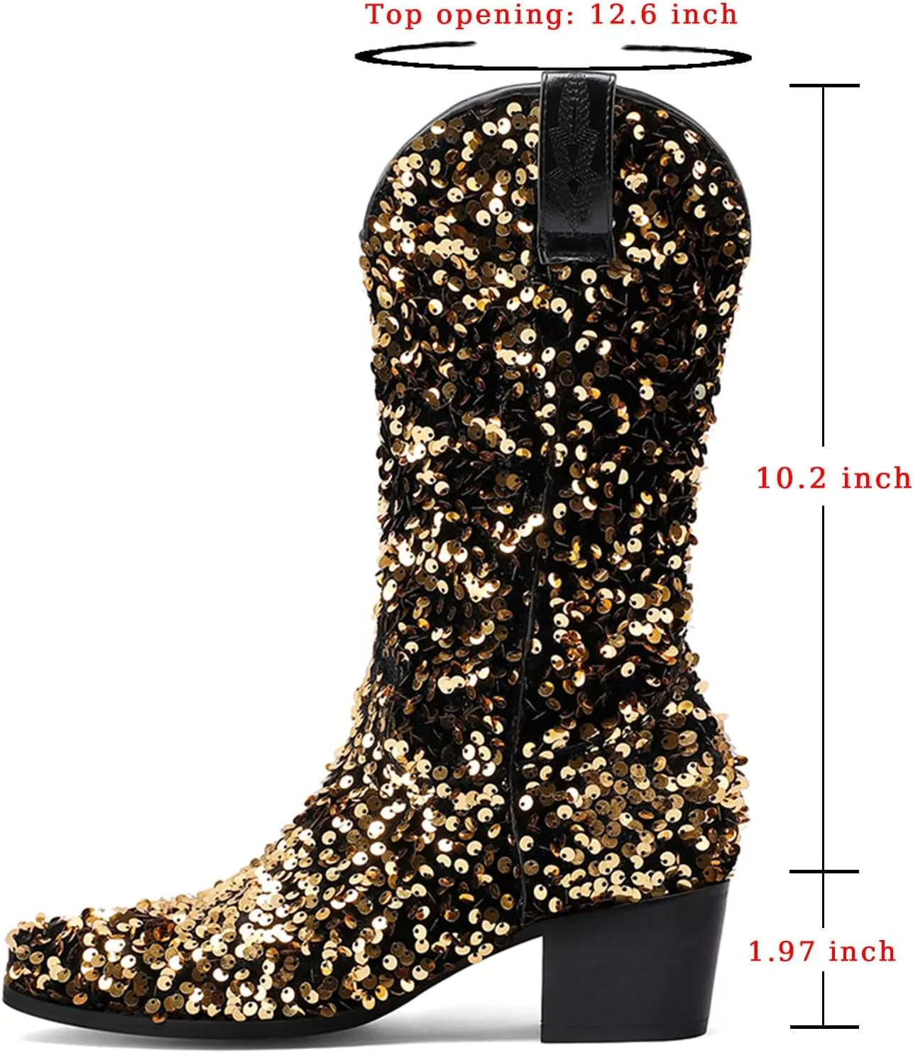 Women's Glitter Cowboy Boots Mid-Calf Chunky Heels Western Cowgirl Boots Sparkly Sequin Wedding Dress Shoes