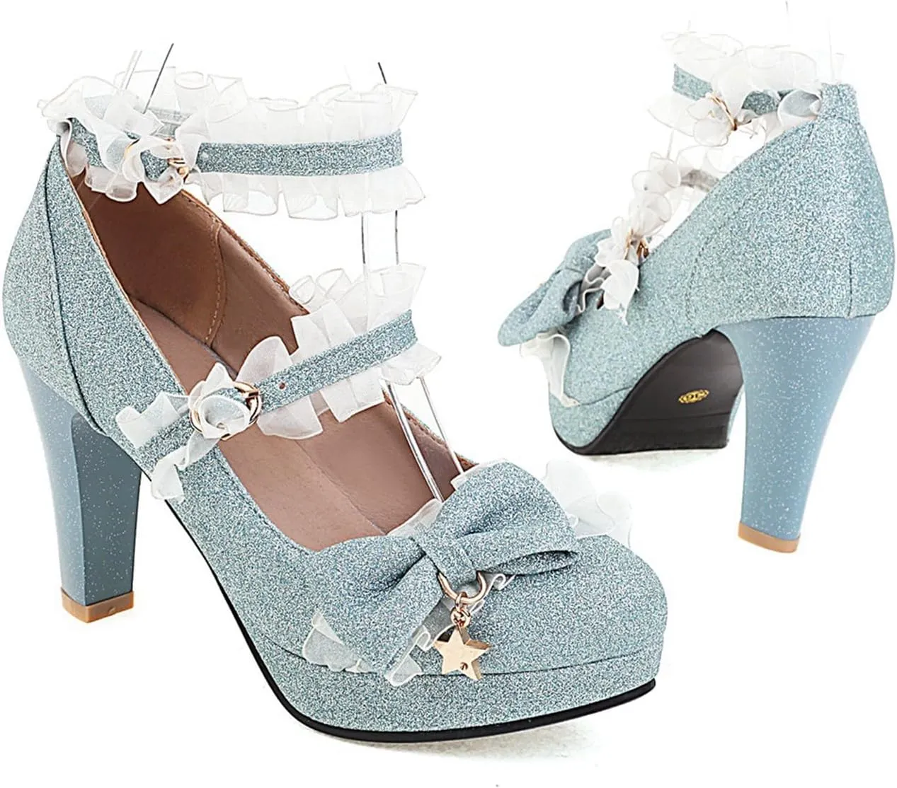 Women's Glitter Sequin Platform Pumps High Heels Bow Round Toe Ankle Strap High Heel Dress Shoes