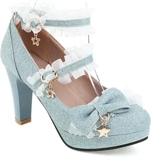 Women's Glitter Sequin Platform Pumps High Heels Bow Round Toe Ankle Strap High Heel Dress Shoes