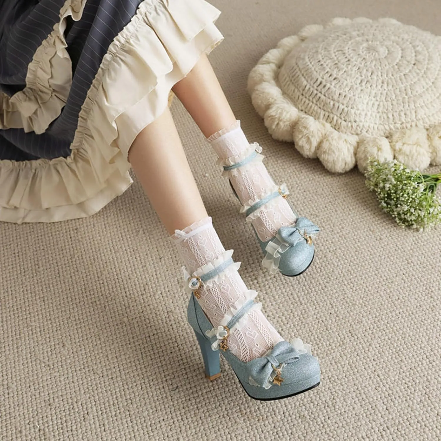 Women's Glitter Sequin Platform Pumps High Heels Bow Round Toe Ankle Strap High Heel Dress Shoes