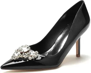 Women's Kitten Heel Pumps with Pointed Toe, Rhinestone Accents, and Slip-On Design – Comfortable Formal Shoes for Weddings, Parties