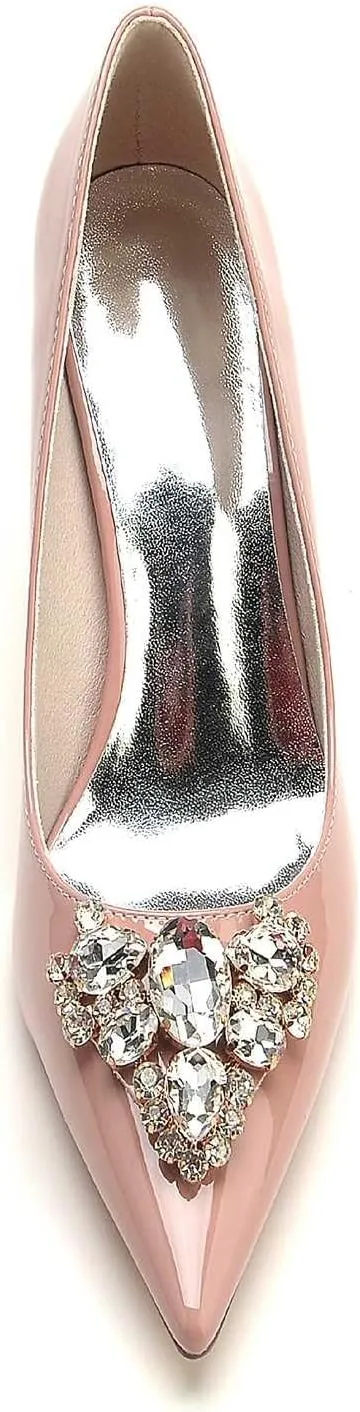 Women's Kitten Heel Pumps with Pointed Toe, Rhinestone Accents, and Slip-On Design – Comfortable Formal Shoes for Weddings, Parties