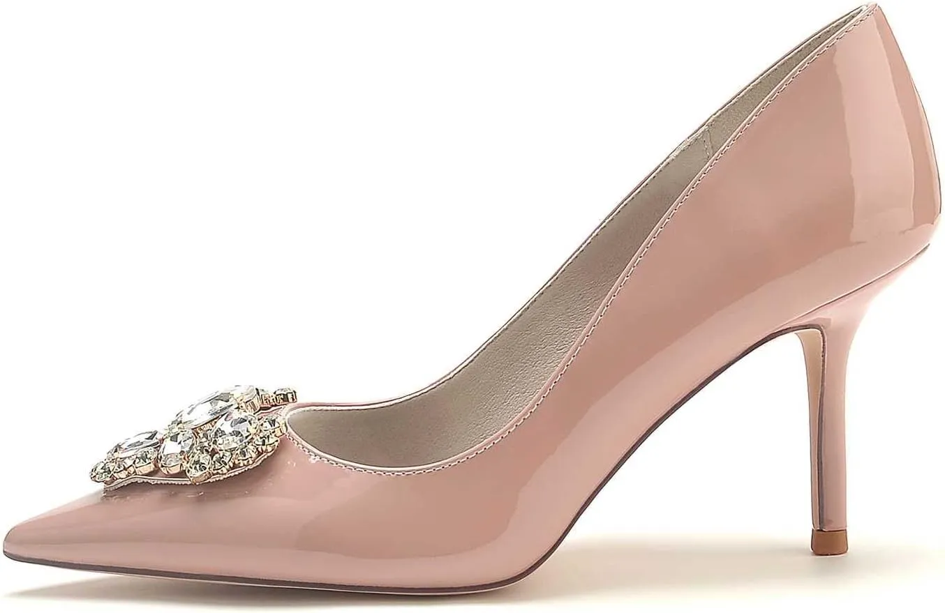 Women's Kitten Heel Pumps with Pointed Toe, Rhinestone Accents, and Slip-On Design – Comfortable Formal Shoes for Weddings, Parties