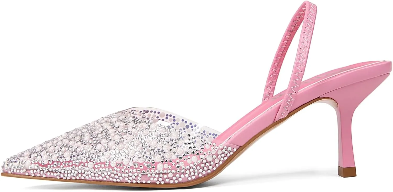 Women's Kitten Heels Pearl Closed Pointed Toe Pumps Rhinestone Slingback Heels Wedding Bride Dress Shoes