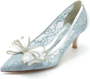 Women's Lace Satin Pointed Flower with Rhinestone Slip on Heels Pumps Wedding Bridal Dress Shoes