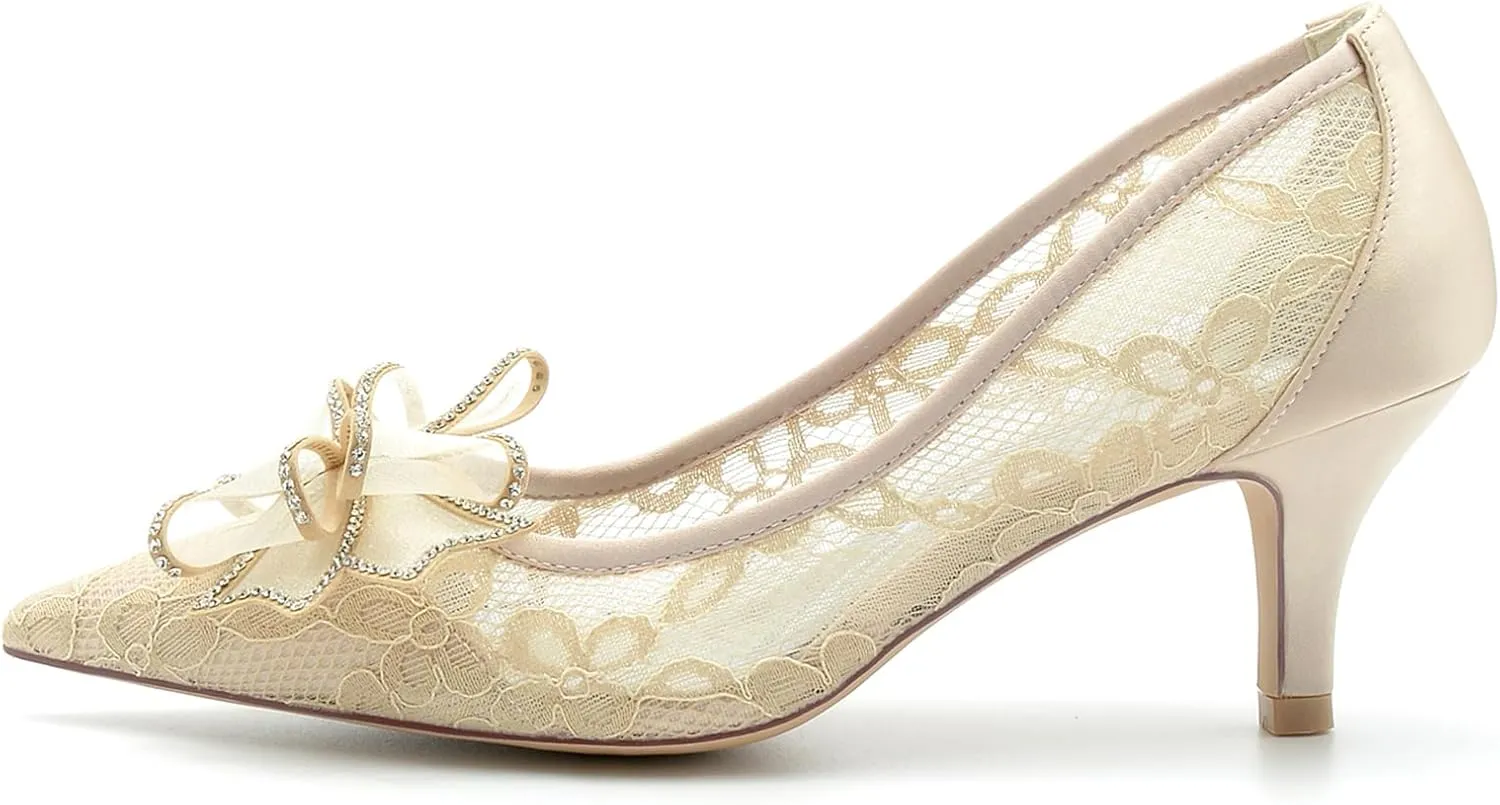 Women's Lace Satin Pointed Flower with Rhinestone Slip on Heels Pumps Wedding Bridal Dress Shoes