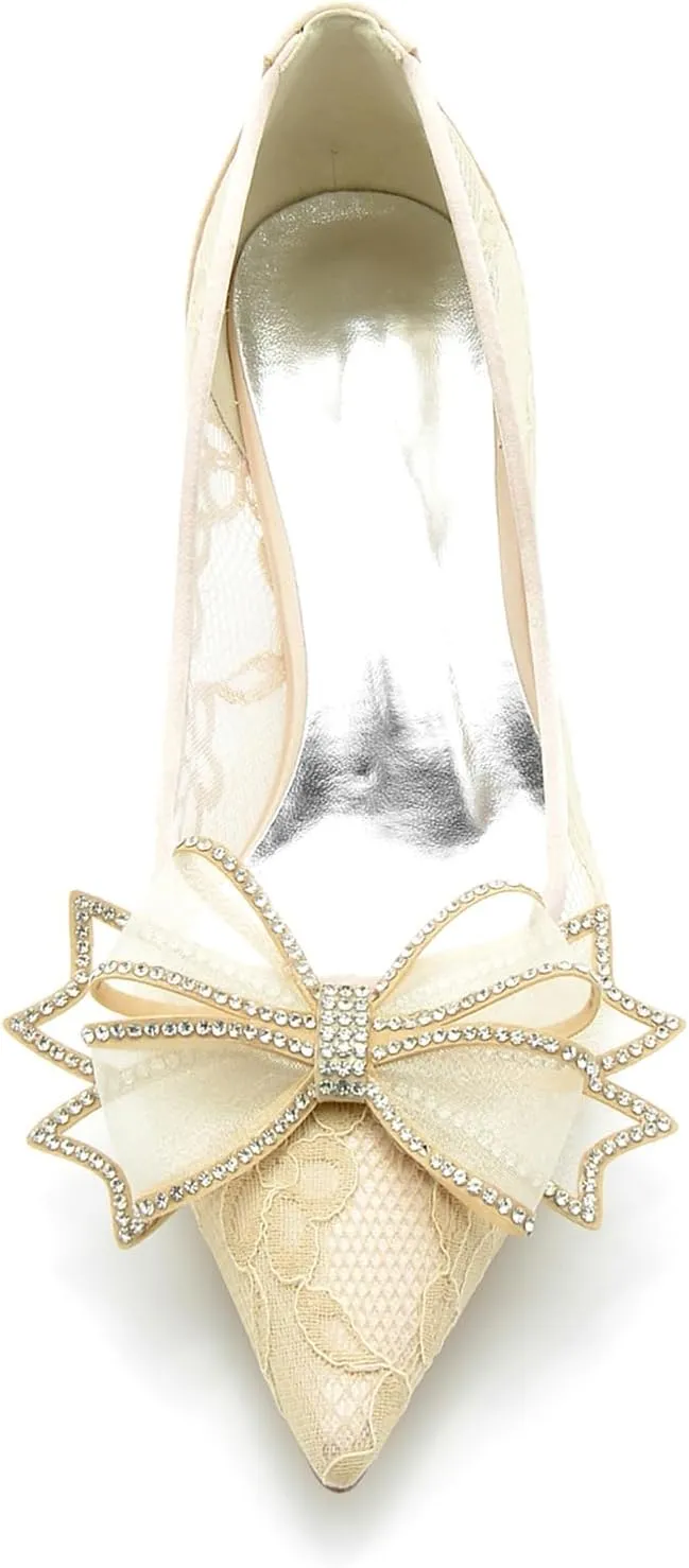 Women's Lace Satin Pointed Flower with Rhinestone Slip on Heels Pumps Wedding Bridal Dress Shoes