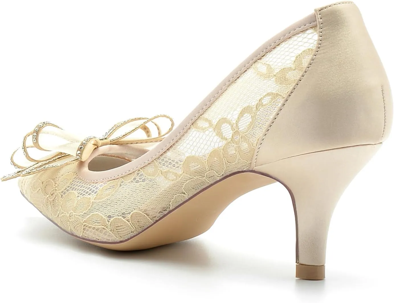 Women's Lace Satin Pointed Flower with Rhinestone Slip on Heels Pumps Wedding Bridal Dress Shoes