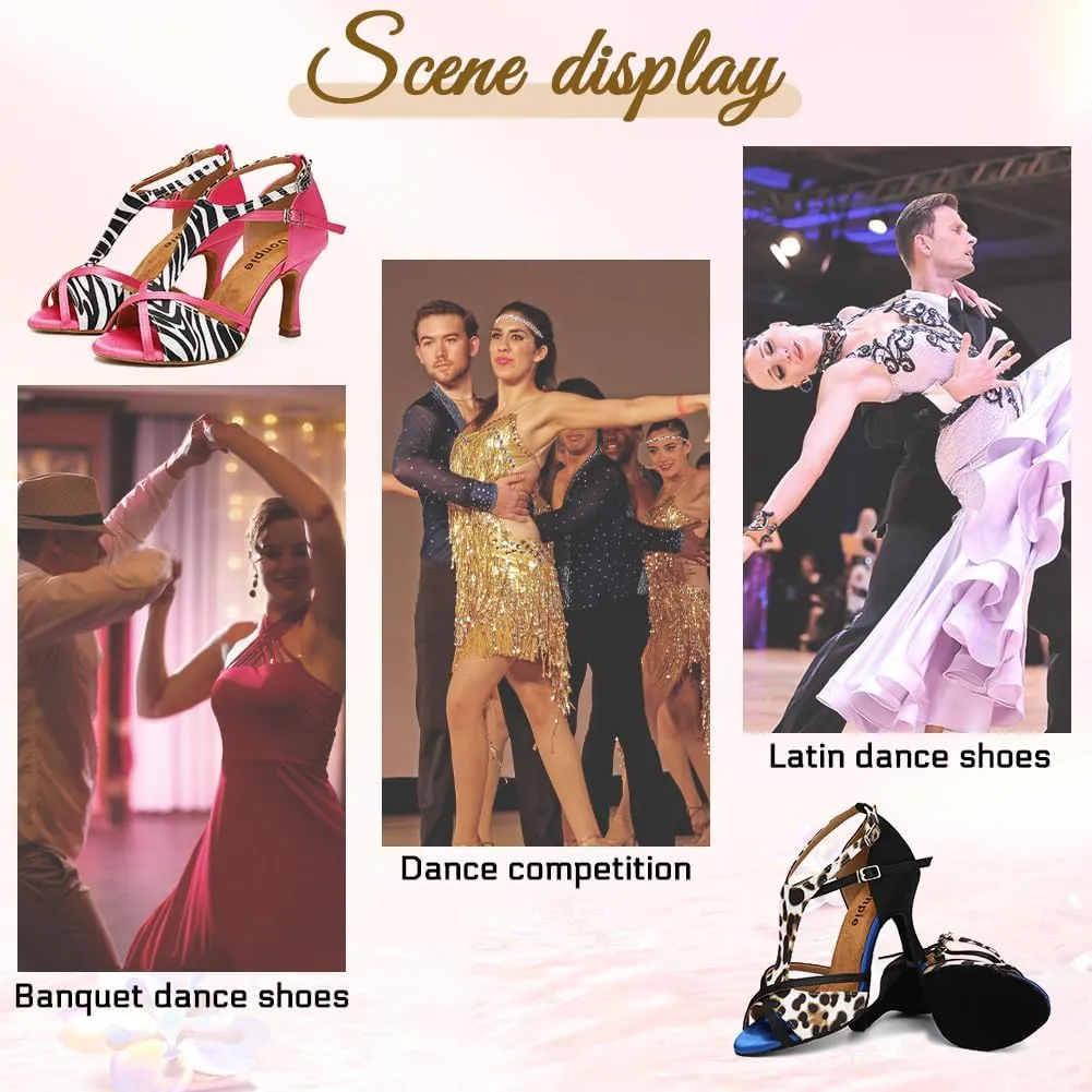 Women's Latin Ballroom Dancing Shoes T-Strap Salsa Ballroom Dance Heel 3 1/2 Inch