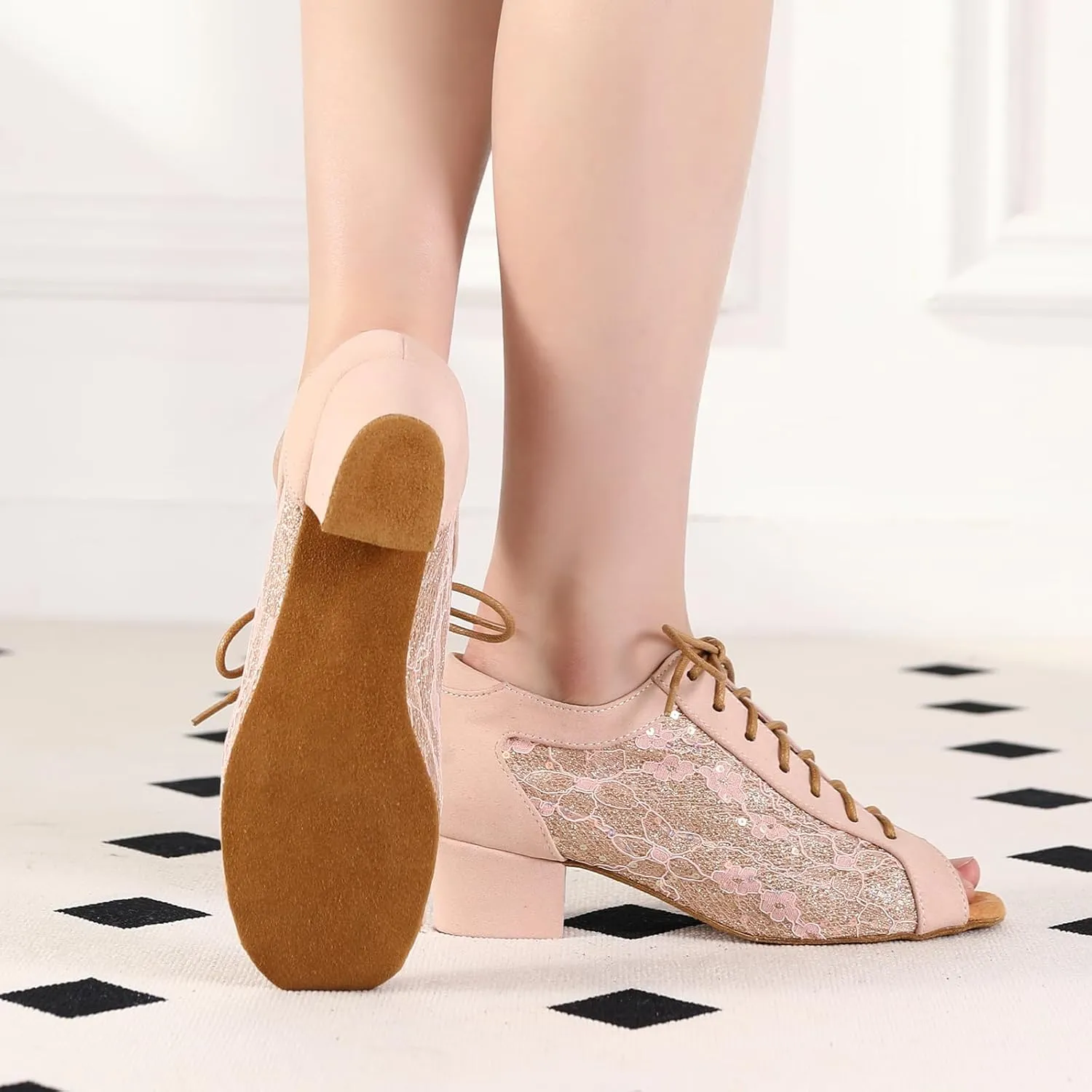 Women's Latin Dance Practice Shoes with Lace-up Peep Toe Ballroom Salsa Tango Dancing Shoes Low Heel