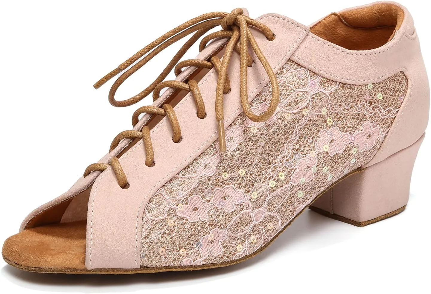 Women's Latin Dance Practice Shoes with Lace-up Peep Toe Ballroom Salsa Tango Dancing Shoes Low Heel