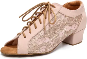 Women's Latin Dance Practice Shoes with Lace-up Peep Toe Ballroom Salsa Tango Dancing Shoes Low Heel