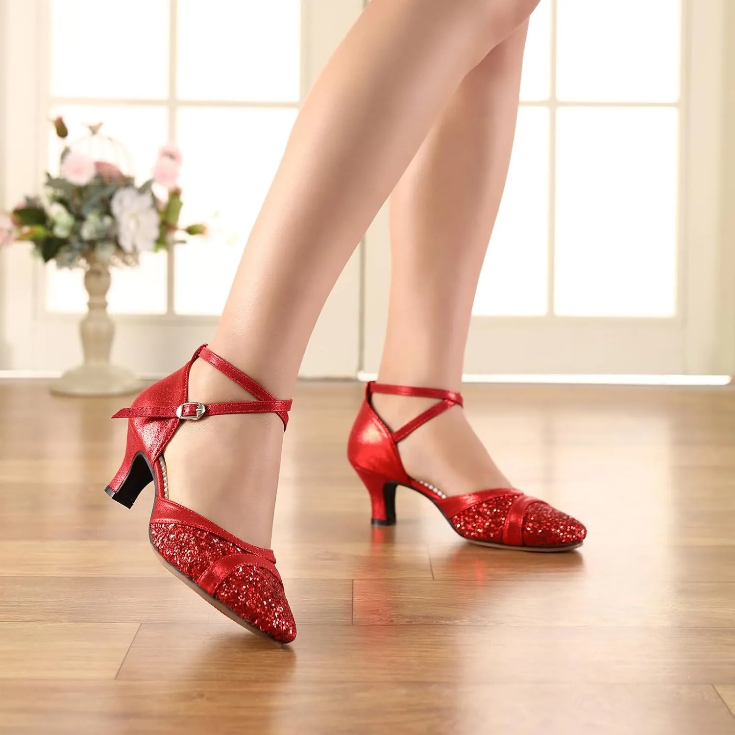 Women's Latin Dance Shoes Sequin Closed Toe Ballroom Salsa Practice Performance Dance Shoes