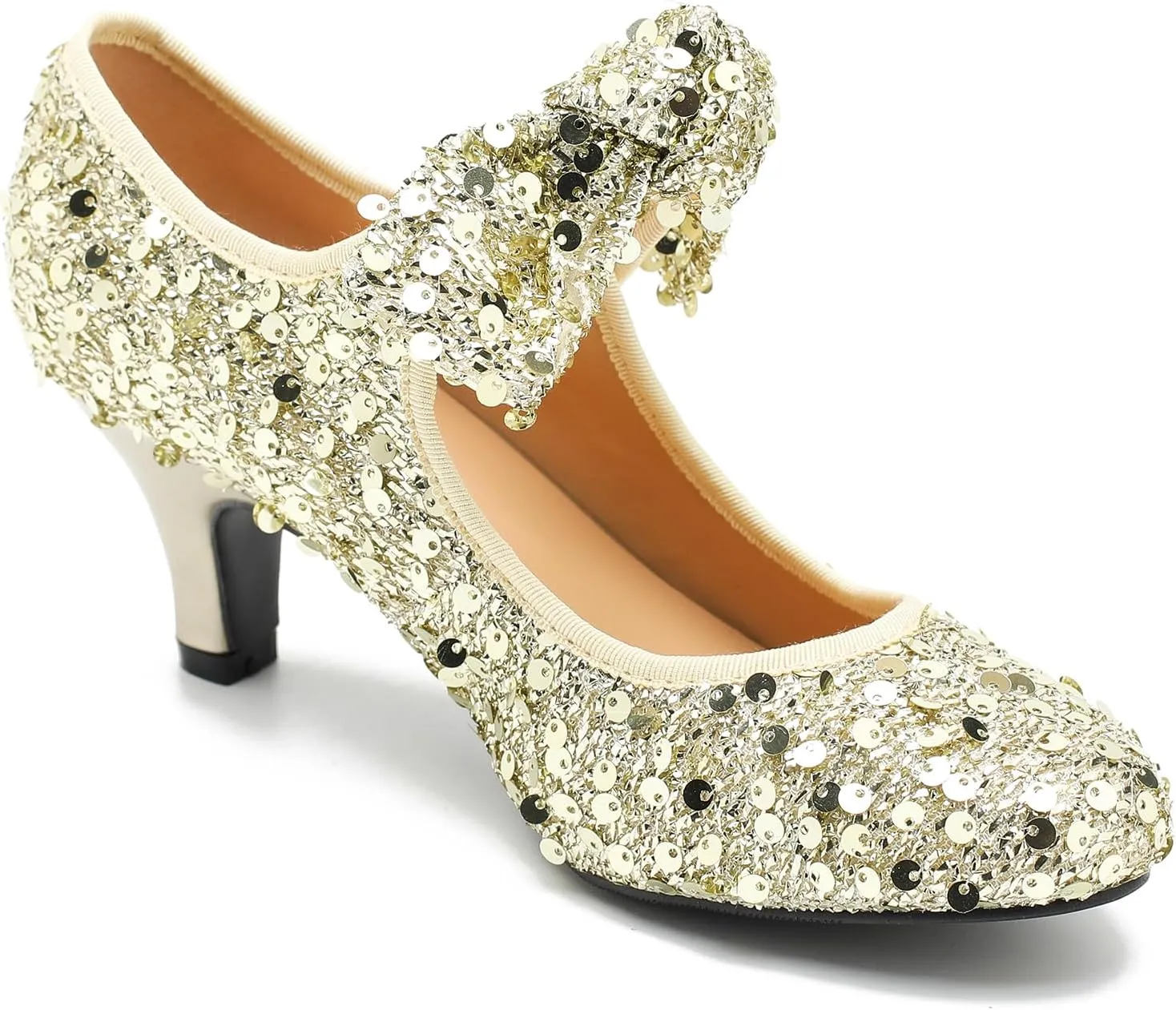 Women's Low Kitten Heels with Bow Mary Jane Sequin Pumps Comfortable Vintage Dance Wedding Dress Shoes