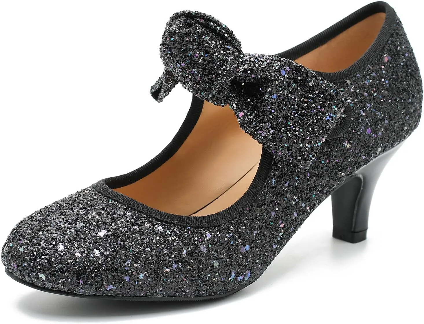 Women's Low Kitten Heels with Bow Mary Jane Sequin Pumps Comfortable Vintage Dance Wedding Dress Shoes