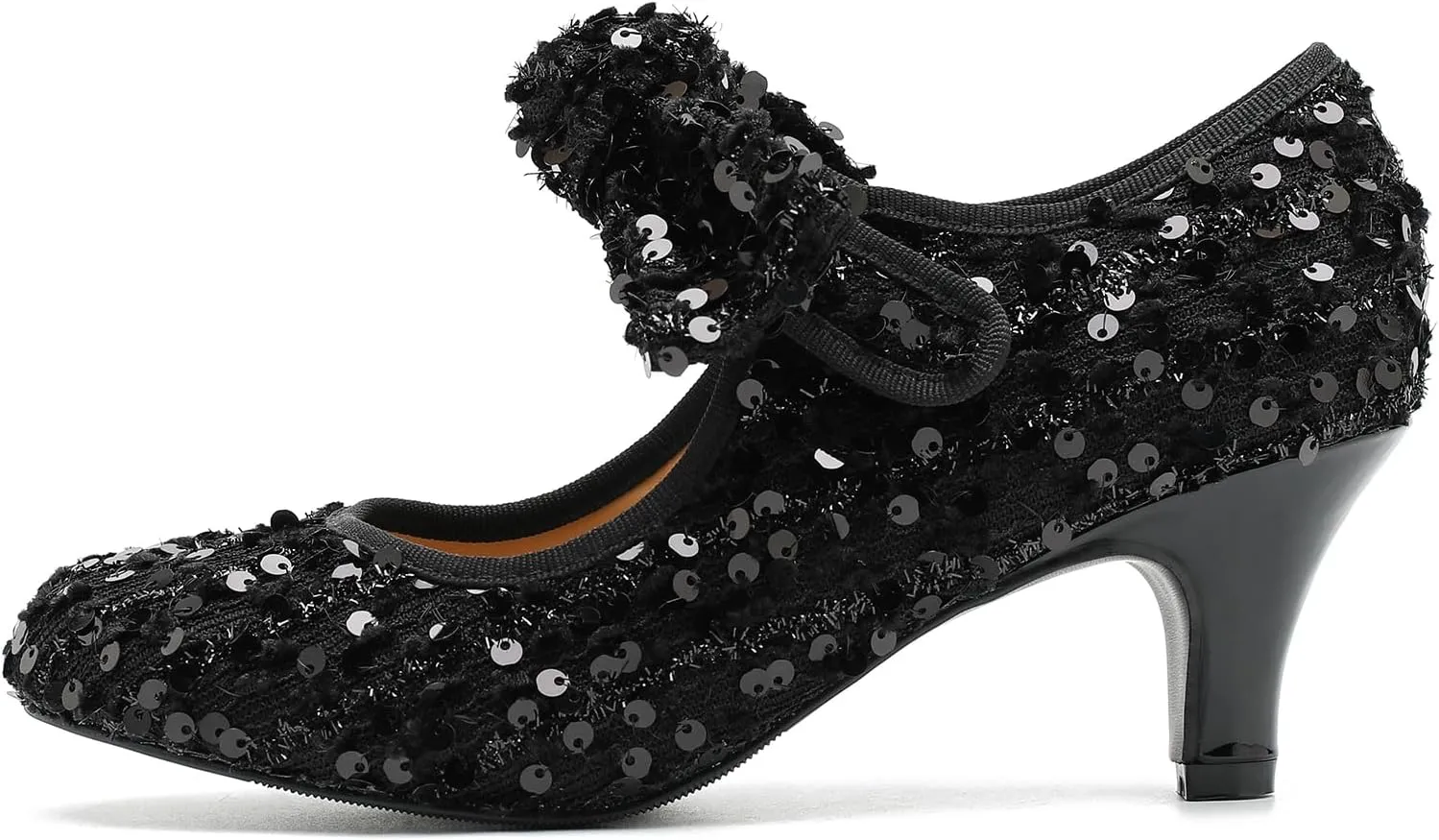 Women's Low Kitten Heels with Bow Mary Jane Sequin Pumps Comfortable Vintage Dance Wedding Dress Shoes